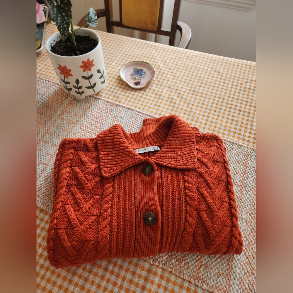 Black Tape_ Oversized Rust Cable Knit Cardigan - Picture 6 of 7